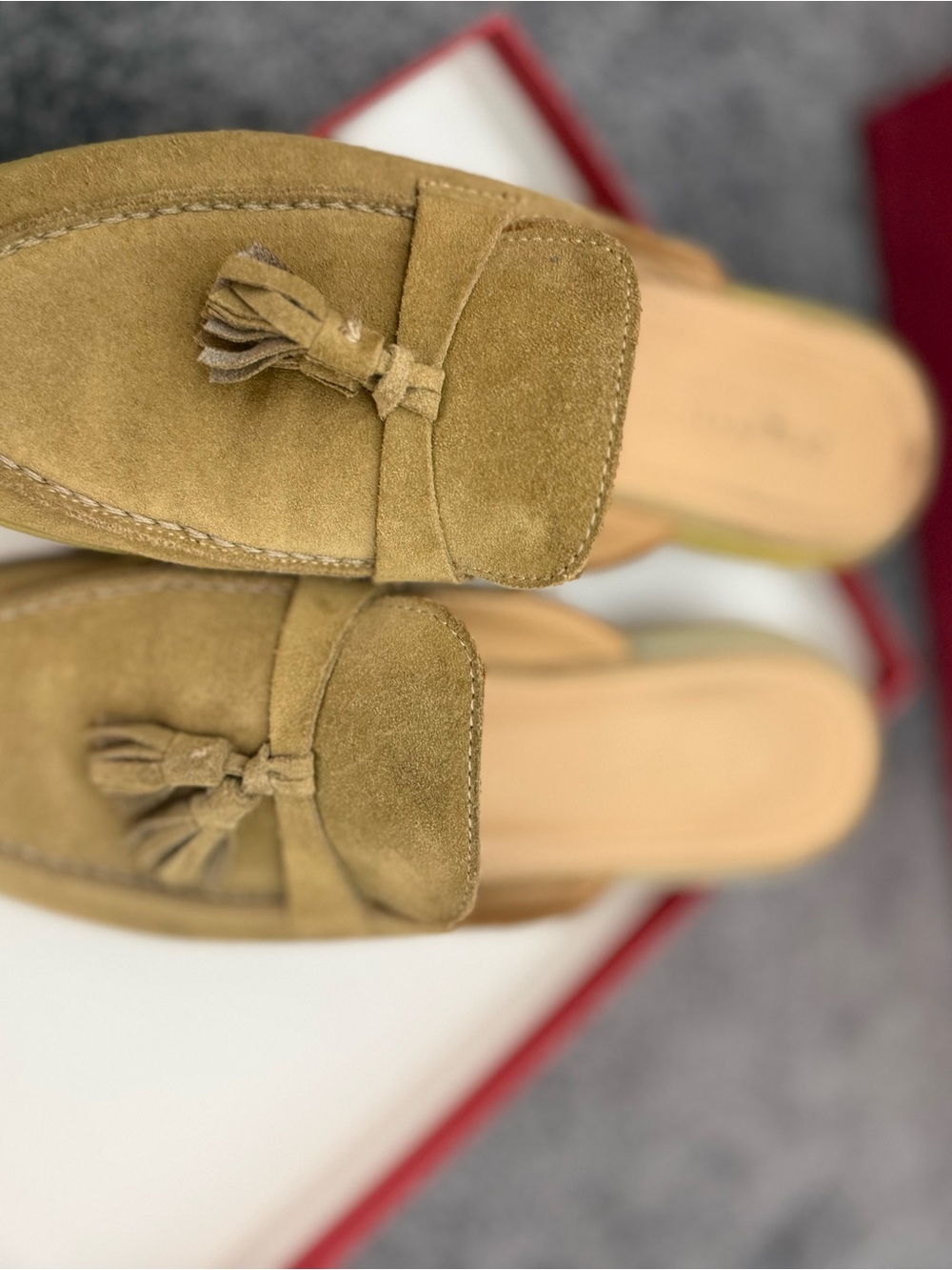 Tassel Suede Slip-On Mules in Tan